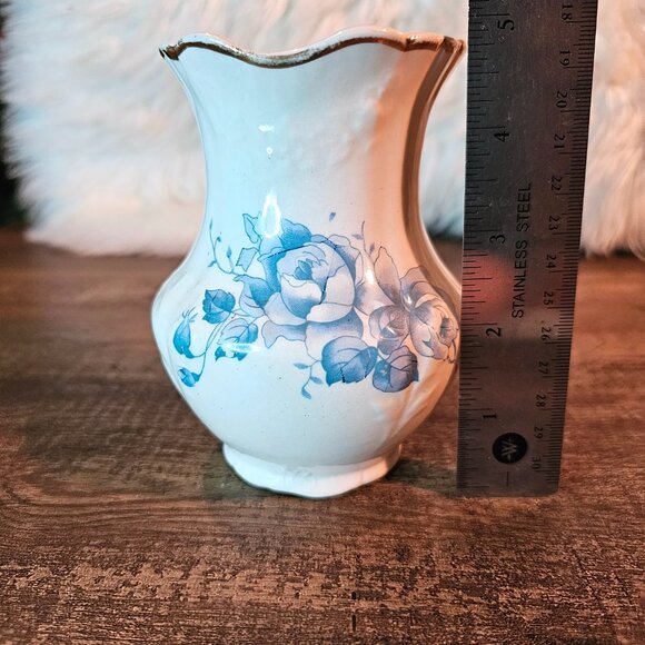 Antique Anchor Pottery Small White Porcelain Vase with Blue Roses, 4.75” - Picture 6 of 6